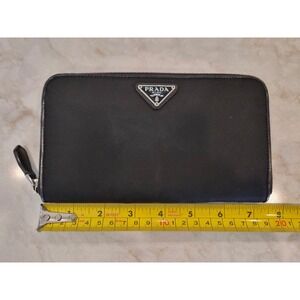 Prada Black Tessuto Nylon Saffiano Leather Zip Around Continental Wallet Italy